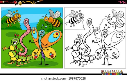 Cartoon illustration of insects animal characters group coloring book page