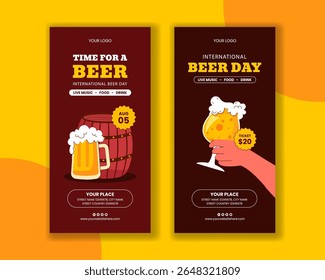 Cartoon Illustration for International Beer Day with Glasses, Barrels, and Social Media Vertical Banner