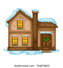 Cartoon Illustration of an Isolated Beautiful Decorated House in Winter. Merry Christmas Scene