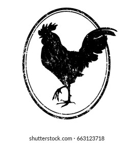 Cartoon illustration of an isolated black and white rooster silhouette, grungy stamp based on an original hand drawn sketch