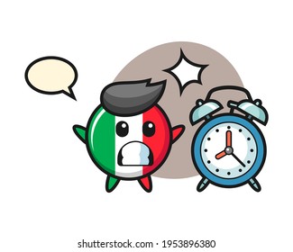Cartoon illustration of italy flag badge is surprised with a giant alarm clock, cute style design for t shirt, sticker, logo element
