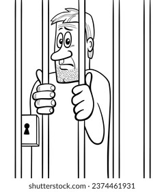 cartoon illustration of jailed man behind the prison bars coloring page