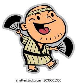 Cartoon Illustration of japanese man dancing and cheering with folding fan, best for decal, mascot, and logo of Japanese traditional culture