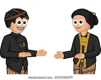 Cartoon illustration of a Javanese couple in traditional attire, standing and interacting politely with each other in formal cultural clothing