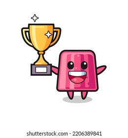 Cartoon Illustration of jelly is happy holding up the golden trophy , cute design