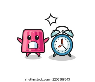 Cartoon Illustration of jelly is surprised with a giant alarm clock , cute design