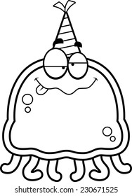 A cartoon illustration of a jellyfish with a party hat looking drunk.