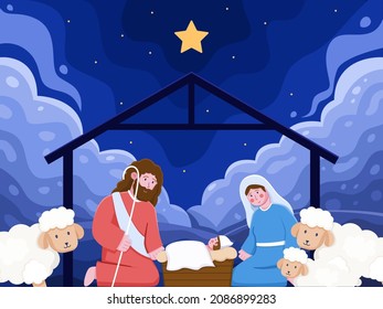 Cartoon illustration Jesus Christ born in a manger with Joseph and Mary accompanied and sheep. Baby jesus born in Bethlehem with bright stars. can use for greeting card, postcard, invitation, banner.