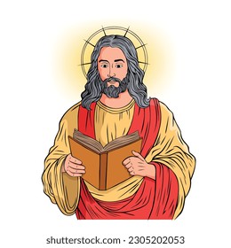 Ilustración de caricatura de Jesucristo enseñando y sosteniendo la biblia