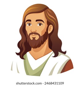 A cartoon illustration of Jesus features long hair and a beard