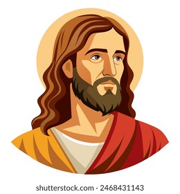 A cartoon illustration of Jesus features long hair and a beard