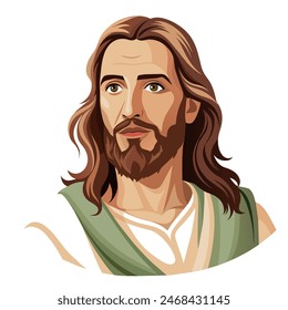 A cartoon illustration of Jesus features long hair and a beard