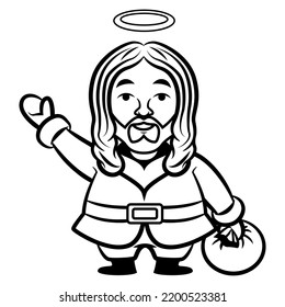 Cartoon illustration of jesus wearing Santa claus costume, greeting and carrying a bag of gift, best for sticker, mascot, and coloring book with christmas themes