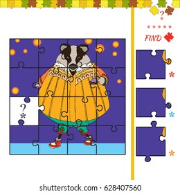 Cartoon illustration of jigsaw puzzle educational activity for preschool children