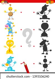 Cartoon Illustration of Join the Right Shadows with Picture Educational Game for Children with Fantasy Characters