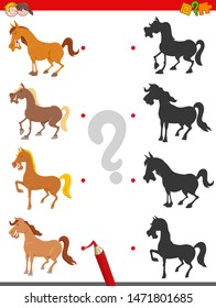 Cartoon Illustration of Join the Right Shadows with Picture Educational Game for Children with Happy Farm Horse Characters