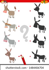 Cartoon Illustration of Join the Right Shadows with Pictures Educational Game for Children with Cute Donkeys Characters