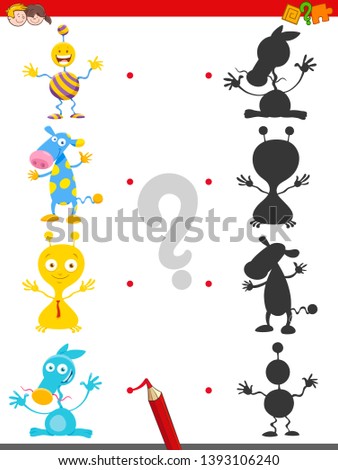 Cartoon Illustration of Join the Right Shadows with Picture Educational Game for Children with Fantasy Characters