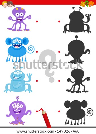Cartoon Illustration of Join the Right Shadows with Pictures Educational Game for Children with Happy Monsters Characters