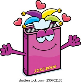 A cartoon illustration of a joke book ready to give a hug.