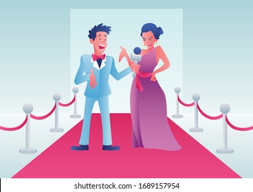 Cartoon Illustration Of A Journalist Interviewing A Celebrity On A Red Carpet Event.