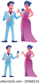 Cartoon illustration of a journalist interviewing a celebrity on a red carpet event.