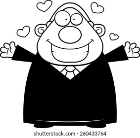 A cartoon illustration of a judge ready to give a hug.