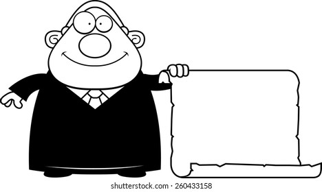 A cartoon illustration of a judge with a sign.