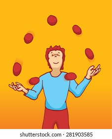 Cartoon illustration of a juggler handling many balls in the air
