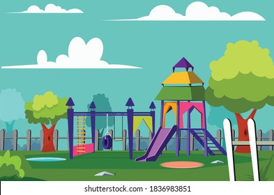 A Cartoon Illustration Of A Jungle Gym, A Kids Play Area At A Park. Clouds In The Sky, Big Trees, Grass, Purple Play Equipment, A Slide And A Tire Swing.