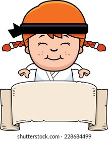 A cartoon illustration of a karate kid with a banner.