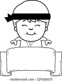 A cartoon illustration of a karate kid with a banner.