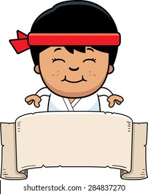 A cartoon illustration of a karate kid with a banner sign.