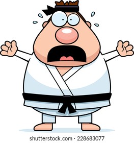 A cartoon illustration of a karate man looking scared.