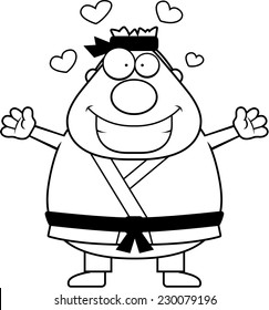 A cartoon illustration of a karate man ready to give a hug.