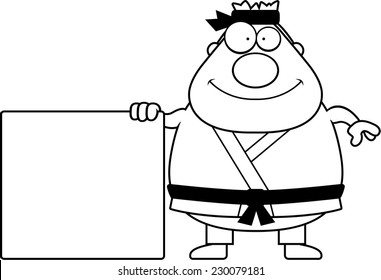 A cartoon illustration of a karate man with a sign.