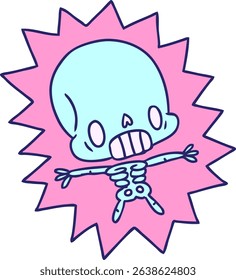 cartoon illustration kawaii electrocuted skeleton in bright neon colors