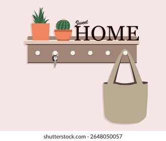 Cartoon illustration of a key holder home decoration with text “Sweet Home” and hanging elements. Ideal for interior design, home accessories, or lifestyle visuals