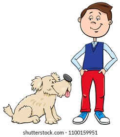 Cartoon Illustration of Kid Boy with Cute Dog or Puppy