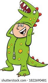 Cartoon Illustration of Kid Boy in Dragon or Dinosaur Costume at Halloween Party or Masked Ball