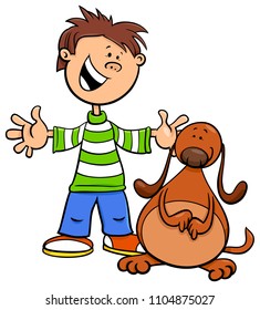 Cartoon Illustration of Kid Boy with Funny Dog or Puppy