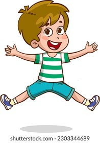 Cartoon Illustration of Kid Boy Jumping and Smiling Happily