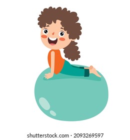 Cartoon Illustration Of A Kid Exercising On Swiss Ball