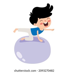 Cartoon Illustration Of A Kid Exercising On Swiss Ball