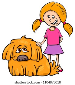 Cartoon Illustration of Kid Girl with Funny Shaggy Dog