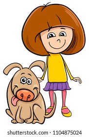 Cartoon Illustration of Kid Girl with Funny Dog