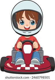 Cartoon Illustration Kid Go Kart Racing with Helmet