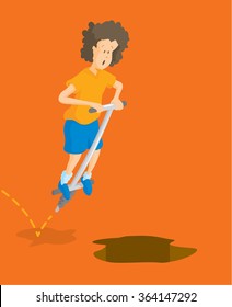 Cartoon Illustration Of Kid Jumping On Pogo Stick Towards Pit Or Hole