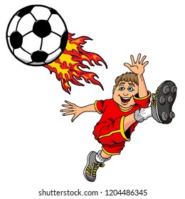 Cartoon Illustration of a Kid Kicking a Flaming Soccer Ball