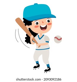 Cartoon Illustration Of A Kid Playing Baseball